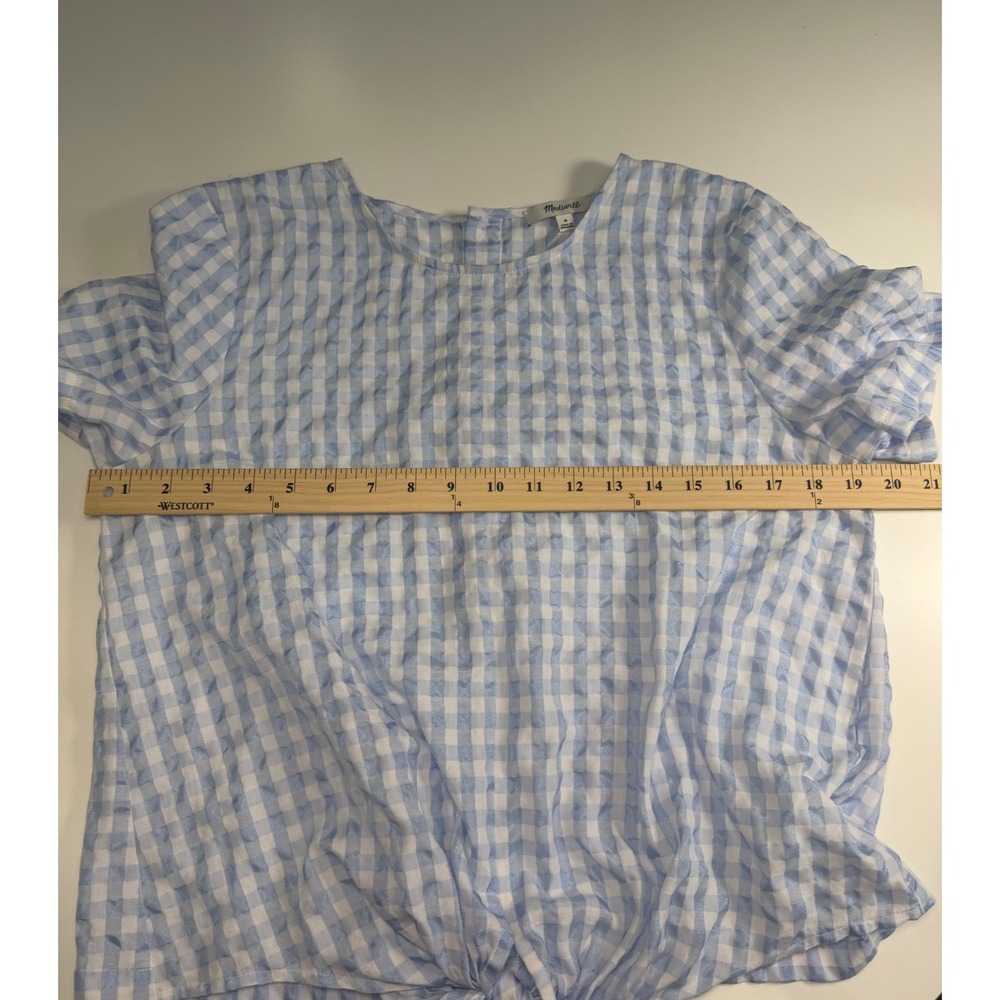 Madewell Blue Gingham Tie Front Button Back Blouse Womens M Short Sleeve Top - Picture 3 of 11